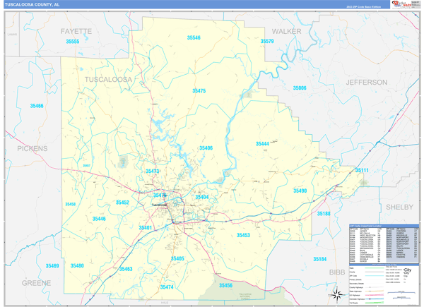 Tuscaloosa County, AL Zip Code Wall Map