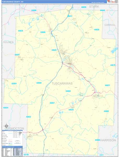 Tuscarawas County, OH Wall Map Basic Style