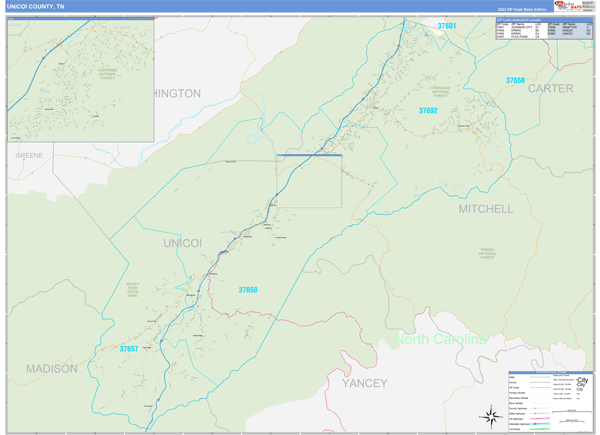 Unicoi County, TN Zip Code Wall Map