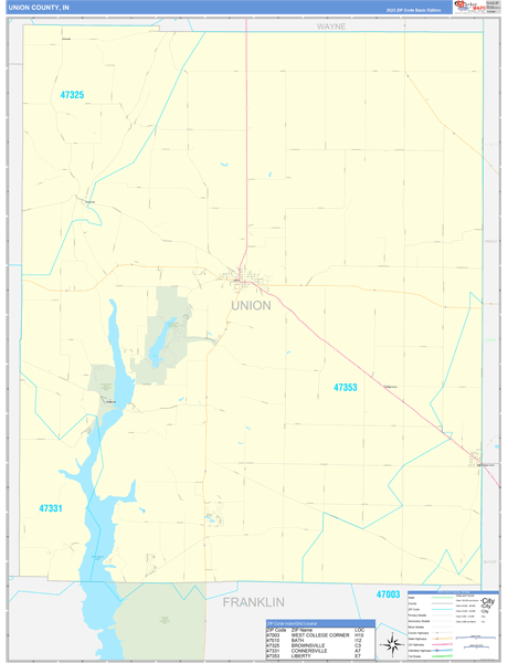 Union County, IN Wall Map Basic Style