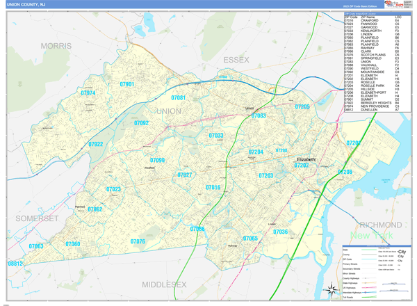 Union County, NJ Zip Code Wall Map