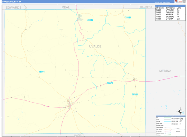 Uvalde County Wall Map Basic Style
