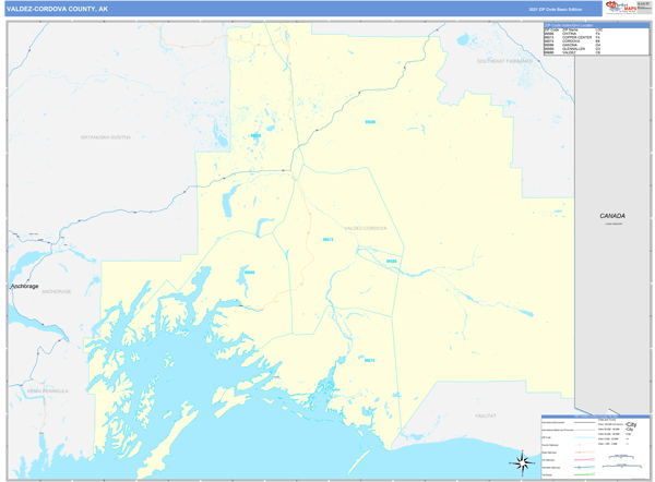 Valdez-Cordova Borough (County), AK Zip Code Wall Map