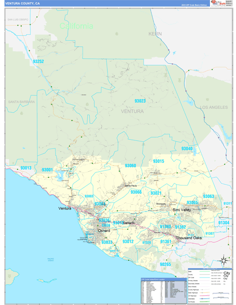 Ventura County, CA Zip Code Wall Map