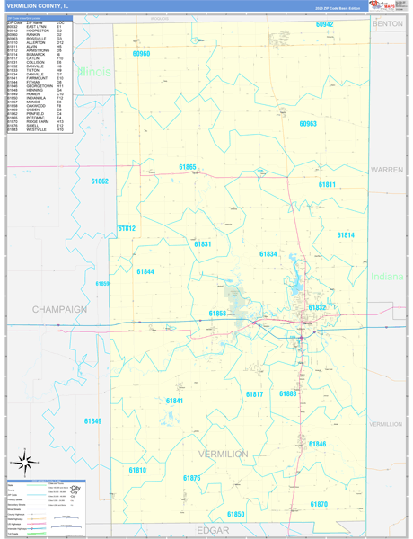 Vermilion County, IL Wall Map Basic Style