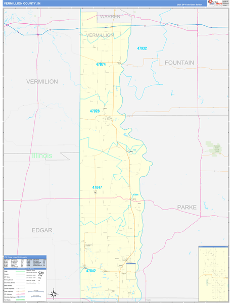 Vermillion County, IN Zip Code Wall Map