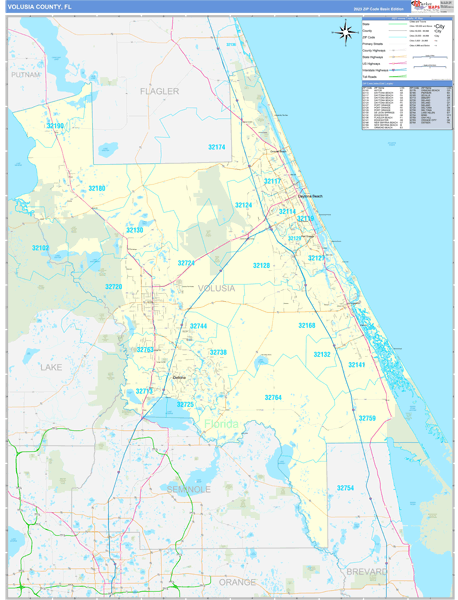 Volusia County Zip Code Map Volusia County, FL Zip Code Wall Map Basic Style by MarketMAPS