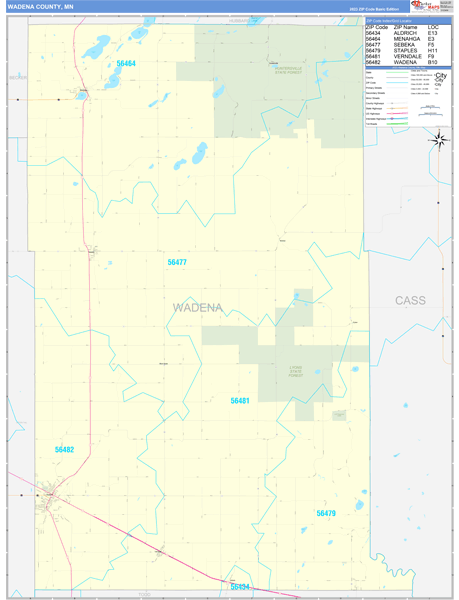 Wadena County, MN Zip Code Wall Map