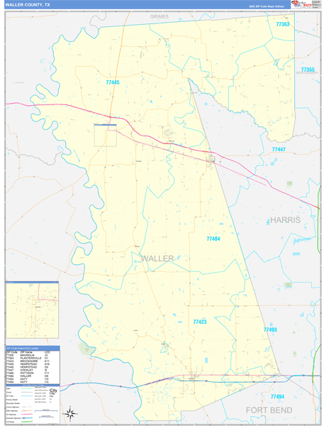 Waller County, TX Zip Code Wall Map