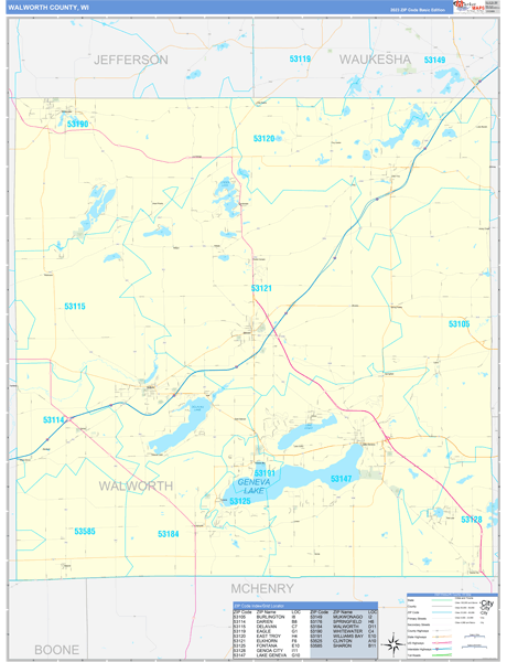 Walworth County, WI Wall Map Basic Style