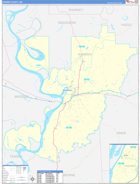 Warren County, MS Carrier Route Wall Map
