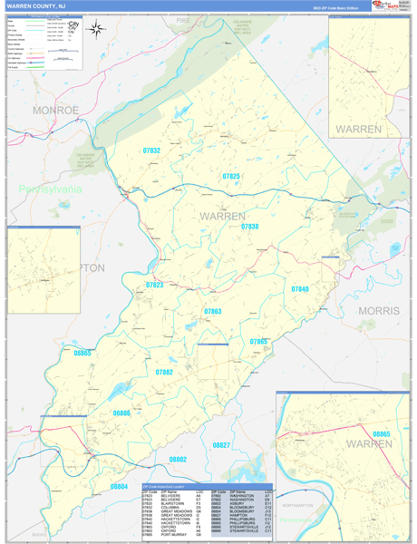 Warren County, NJ Zip Code Wall Map