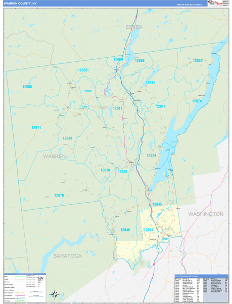 Warren County, NY Zip Code Wall Map