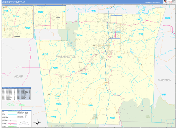 Washington County, AR Zip Code Wall Map