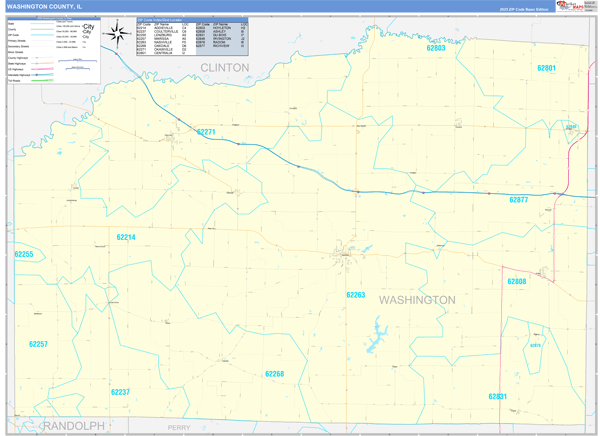 Washington County, IL Zip Code Wall Map Basic Style by MarketMAPS