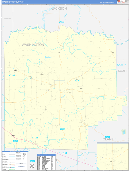 Washington County, IN Zip Code Wall Map