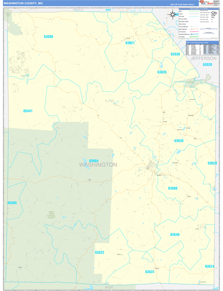Washington County, MO Zip Code Wall Map Basic Style by MarketMAPS