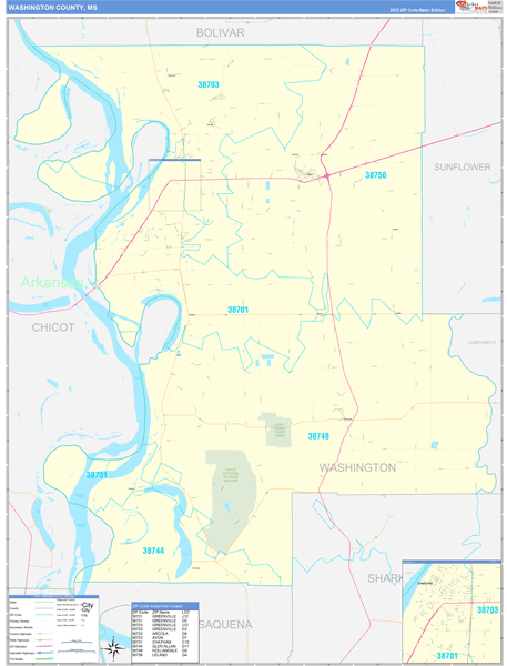 Washington County, MS Zip Code Wall Map
