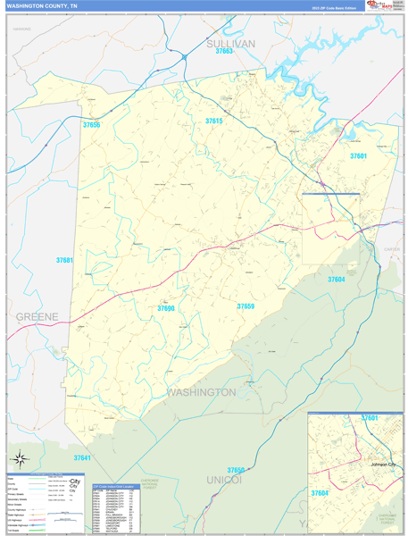 Washington County, TN Wall Map Basic Style