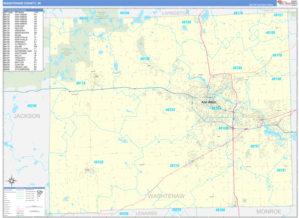Washtenaw County, MI Zip Code Wall Map