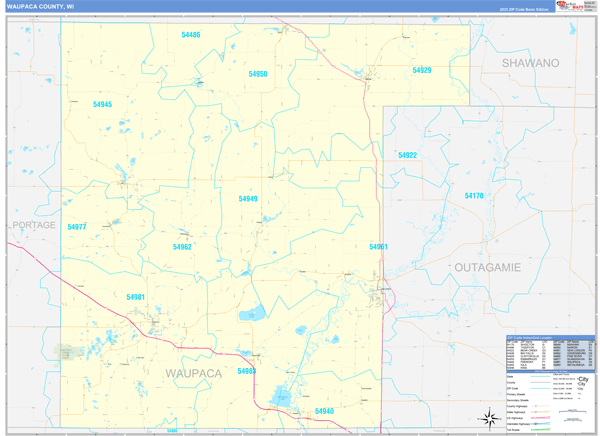 Waupaca County, WI Zip Code Wall Map