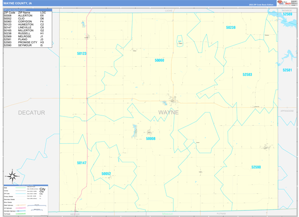Wayne County Wall Map Basic Style