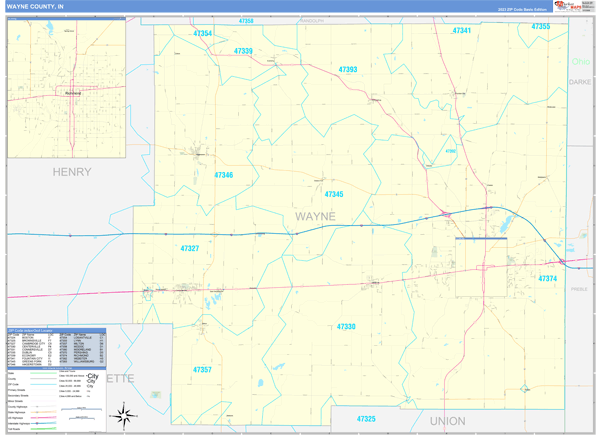 Wayne County, IN Wall Map Basic Style