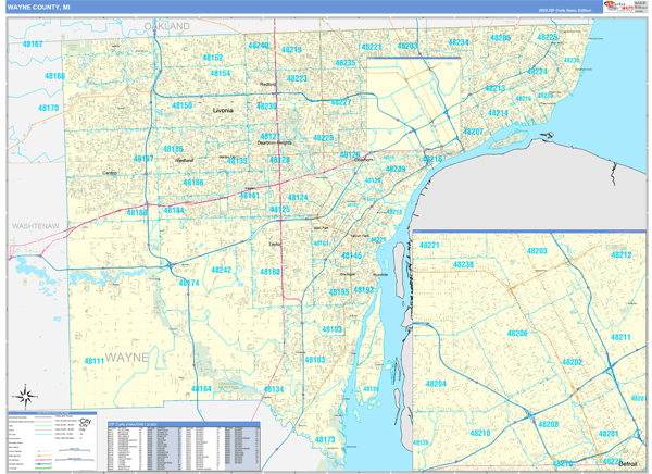 Wayne County, MI Zip Code Wall Map