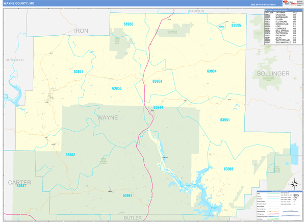 Wayne County, MO Zip Code Wall Map