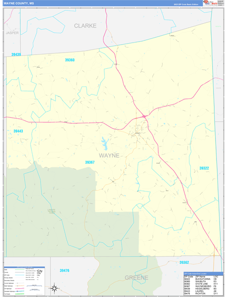 Wayne County, MS Wall Map Basic Style