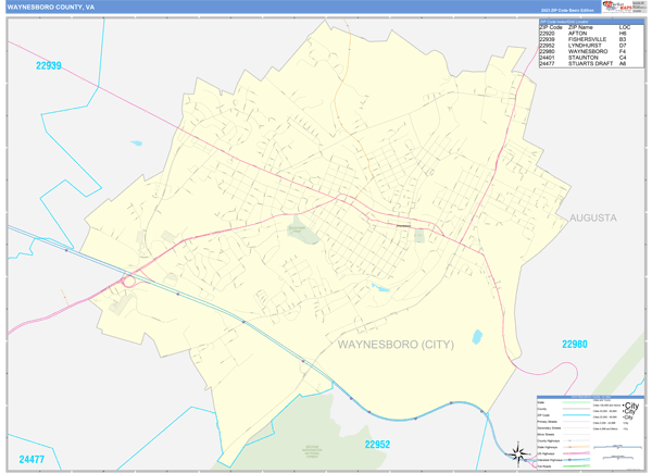 Waynesboro County, VA Zip Code Wall Map