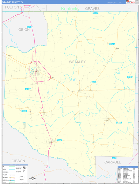 Weakley County, TN Zip Code Wall Map