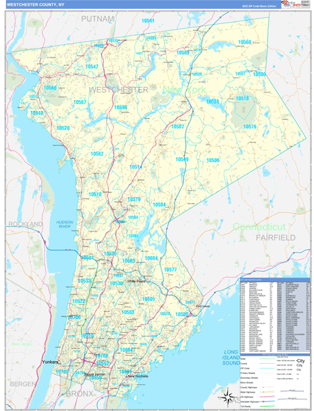 Westchester County, NY Zip Code Wall Map Basic Style by MarketMAPS