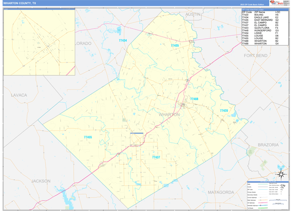 Wharton County, TX Wall Map Basic Style
