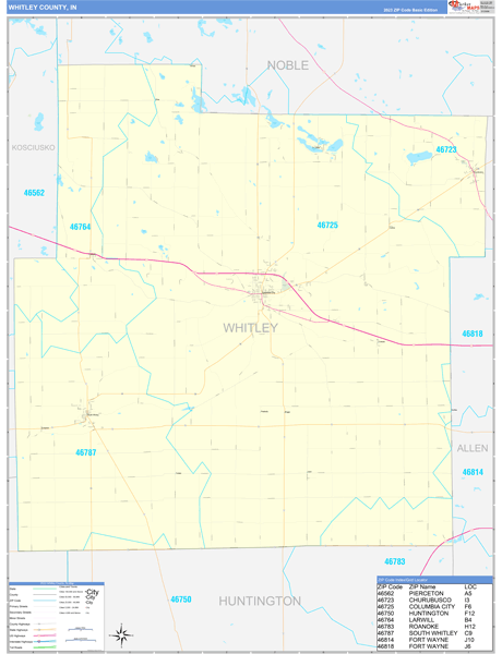 Whitley County, IN Wall Map Basic Style