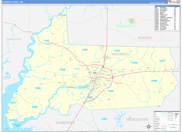 Wicomico County, MD Zip Code Wall Map