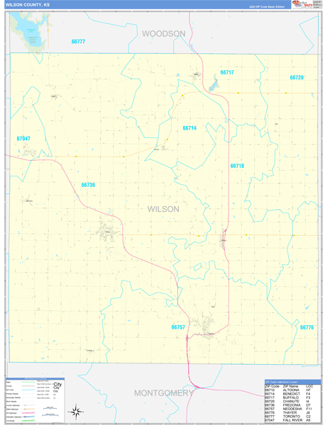 Wilson County, KS Wall Map Basic Style