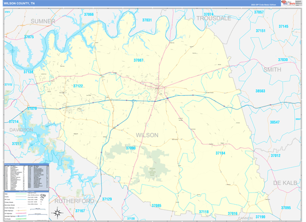 Wilson County, TN Zip Code Wall Map Basic Style by MarketMAPS - MapSales