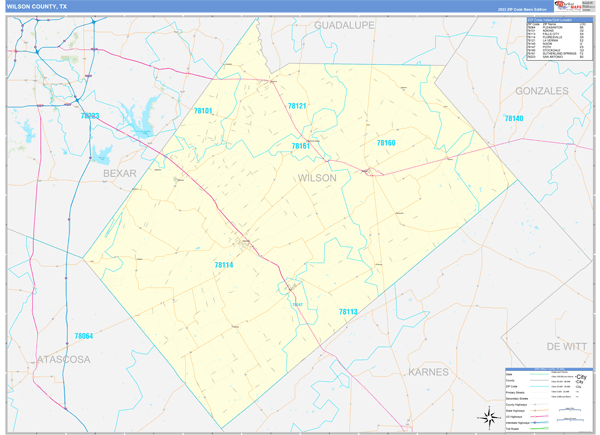 Wilson County, TX Wall Map Basic Style