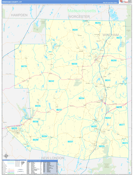 Windham County Wall Map Basic Style