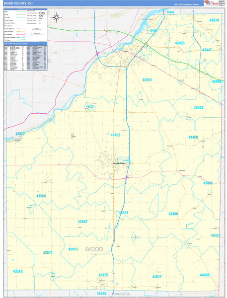 Wood County, OH Zip Code Wall Map
