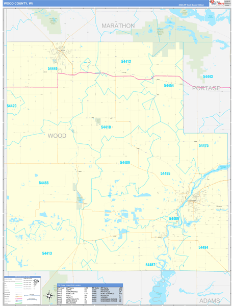 Wood County, WI Zip Code Wall Map