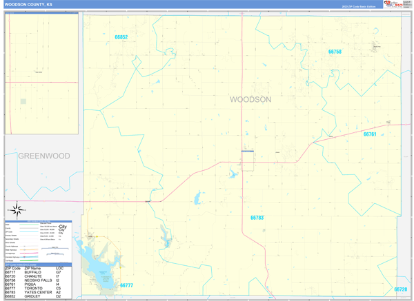 Woodson County, KS Zip Code Wall Map