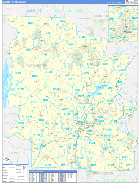 Worcester County, MA Zip Code Map