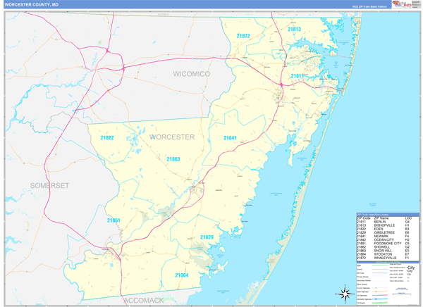 Worcester County Wall Map Basic Style