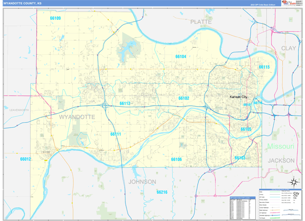 Wyandotte County, KS Zip Code Wall Map Basic Style by MarketMAPS - MapSales
