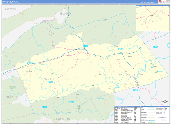 Wythe County, VA Zip Code Wall Map