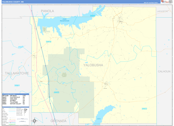 Yalobusha County, MS Zip Code Wall Map