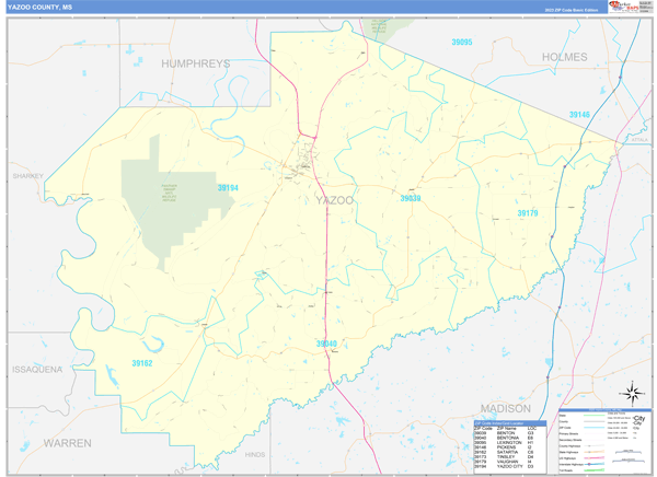 Yazoo County, MS Zip Code Wall Map
