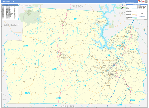 York County, SC Zip Code Wall Map